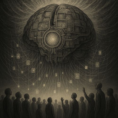 A surreal depiction of an AI mind absorbing human memories and creativity.